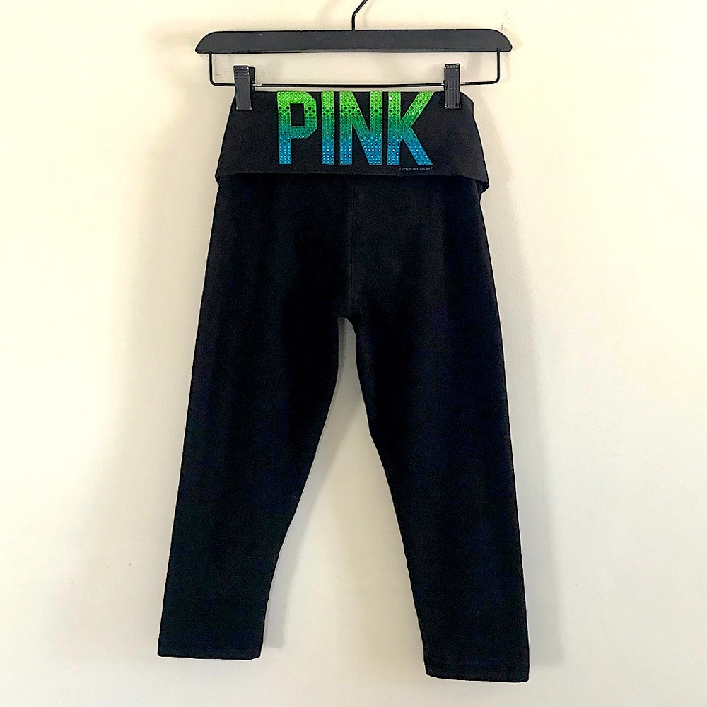 Pink VS || Rhinestone Bling Logo Black Cropped Leggings XS